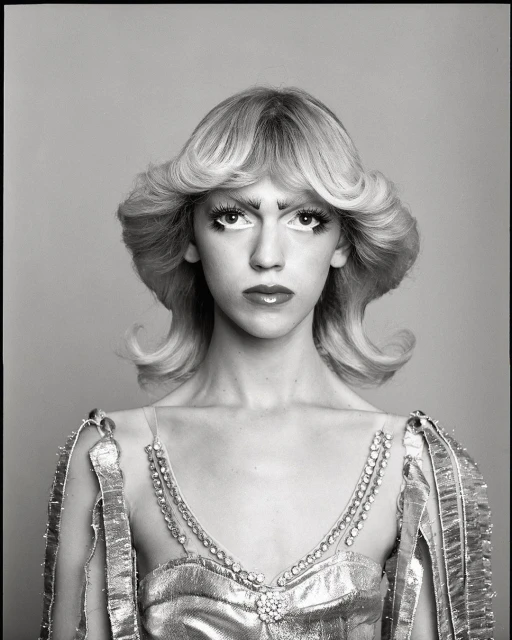 Striking black-and-white portrait of a person with platinum blonde hair, dramatic makeup, and a jeweled dress against a plain background.