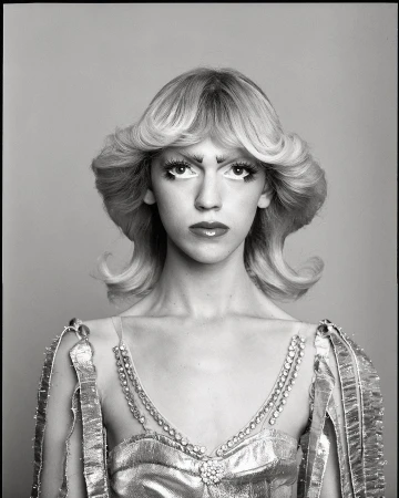 Striking black-and-white portrait of a person with platinum blonde hair, dramatic makeup, and a jeweled dress against a plain background.
