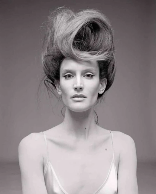 Monochrome portrait of a slender woman with pale skin and an elaborate hairstyle, wearing a satin top, set against a neutral background.