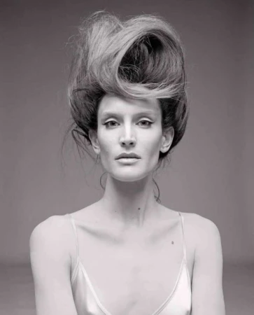 Monochrome portrait of a slender woman with pale skin and an elaborate hairstyle, wearing a satin top, set against a neutral background.