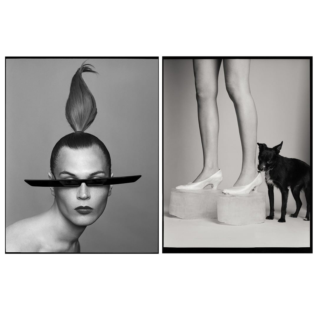Black and white diptych featuring a person wearing sunglasses and standing next to hair, juxtaposed with legs standing on blocks, and a dog.