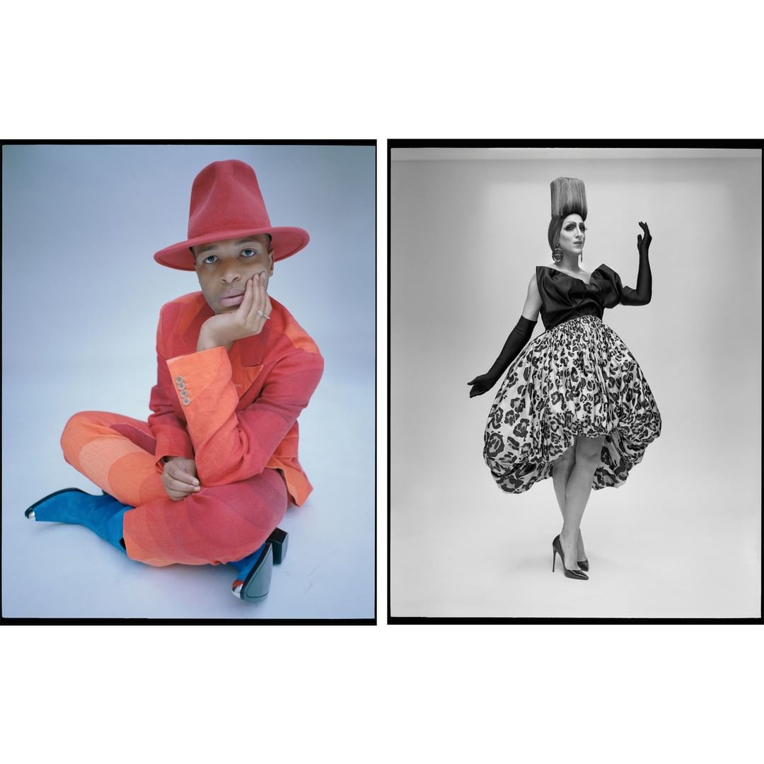 Two studio portraits in adjacent frames: one person in red hat and suit, and another in black and white couture.