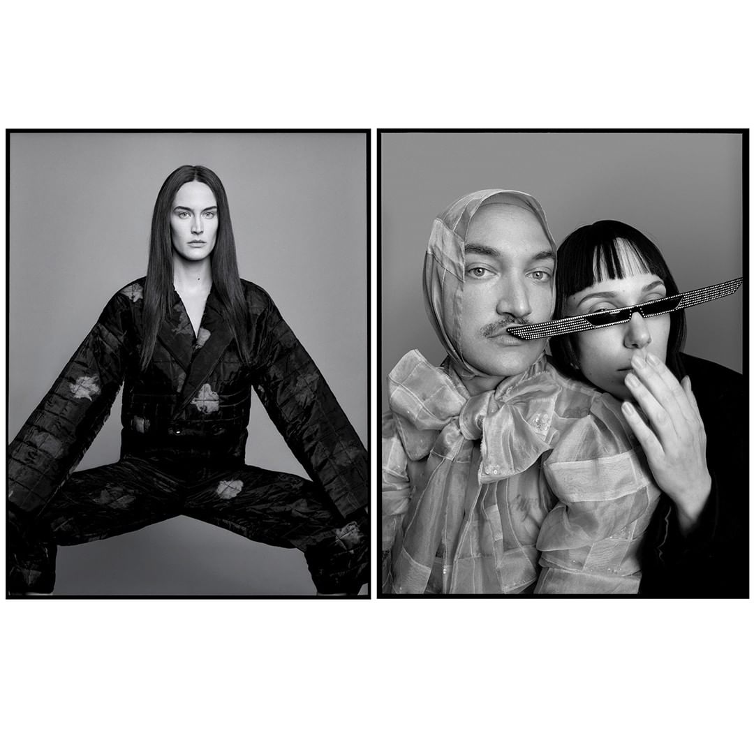 Black and white studio shot with a split-screen of three models wearing avant-garde fashion, featuring a woman in a patterned suit.