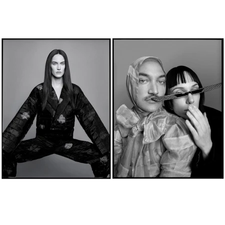 Black and white studio shot with a split-screen of three models wearing avant-garde fashion, featuring a woman in a patterned suit.