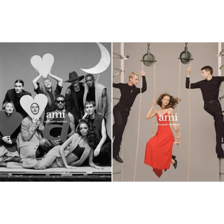 Fashion brand promotion shows two groups of models dressed in stylish apparel, one group in black and white, one in color.
