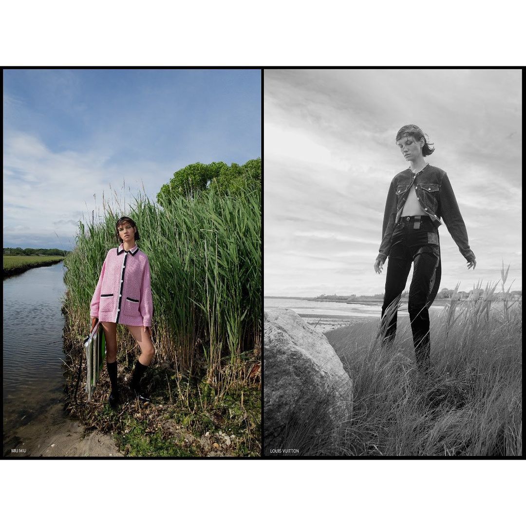 Fashion editorial photo of a woman in a pink jacket standing by a waterway with tall grass in a split-screen composition, outdoor setting.