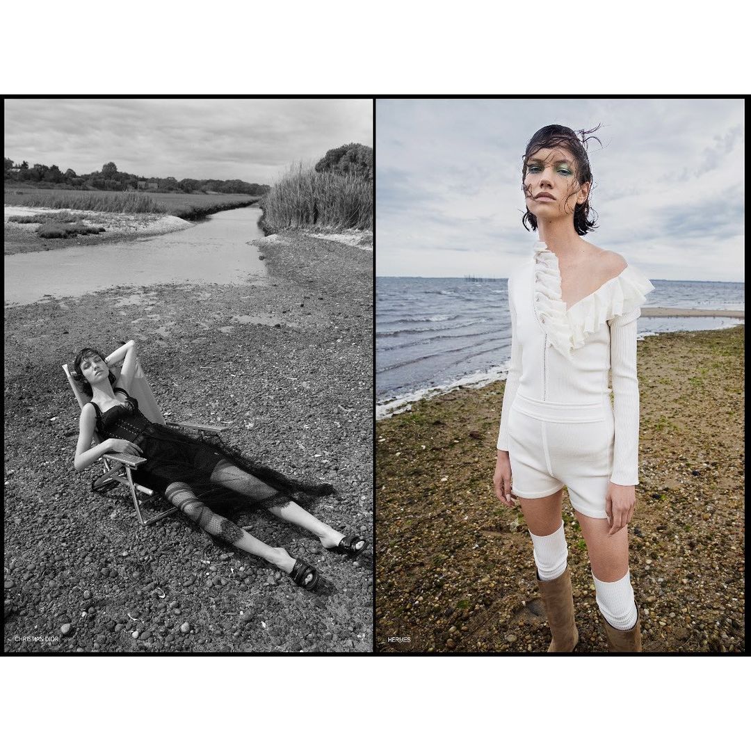 Diptych fashion shot: a woman in black on a riverbank reclines on a chair, and a woman in white stands on a beach by the water.