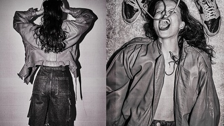 Two women in a black and white photograph, one with her back to the camera and the other with her mouth open, wearing jackets and denim.