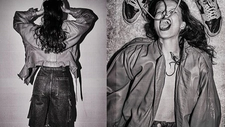 Two women in a black and white photograph, one with her back to the camera and the other with her mouth open, wearing jackets and denim.