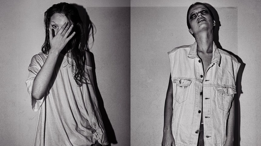 Monochrome diptych of a woman wearing an oversized white t-shirt and a denim vest, photographed by Michael Dwornik.
