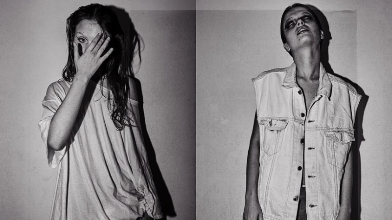 Monochrome diptych of a woman wearing an oversized white t-shirt and a denim vest, photographed by Michael Dwornik.