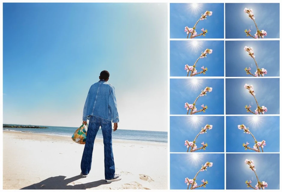Person in denim walking on a beach with a blue sky and ocean, carrying a shopping bag, split image with flowering branches.