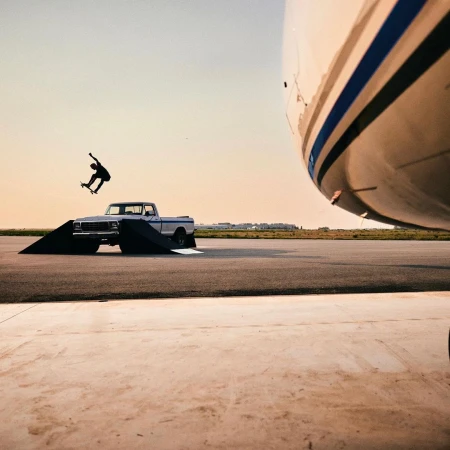 A skateboarder performs a trick over a ramp placed in front of a vintage pickup truck, with an airplane partially visible in the background.