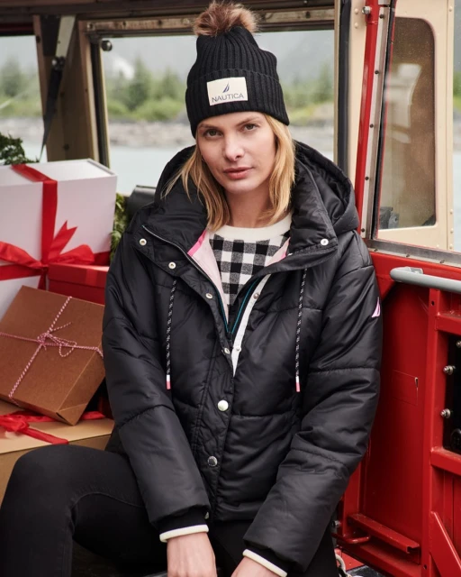 Portrait of a woman wearing a Nautica winter hat and black puffer coat with presents in the background. Cold weather fashion shoot.
