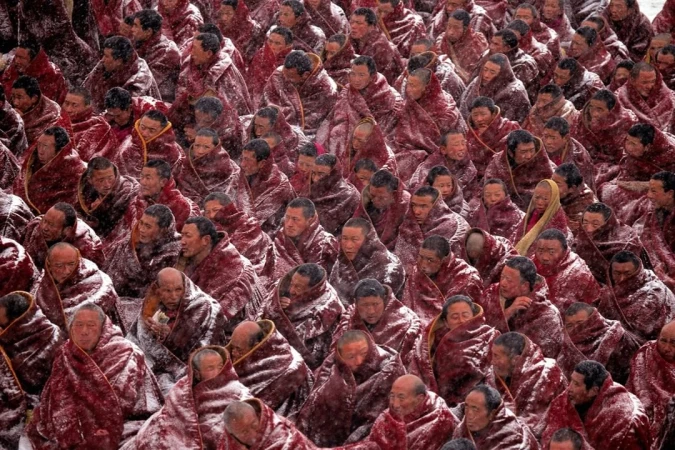 A large group of monks in red robes, many partially covered in snow, are gathered together in an outdoor setting during a snowy day.