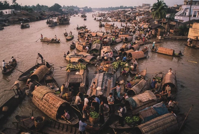Busy floating market in Southeast Asia featuring many wooden boats filled with produce, adults trading, and houses along the riverbank.