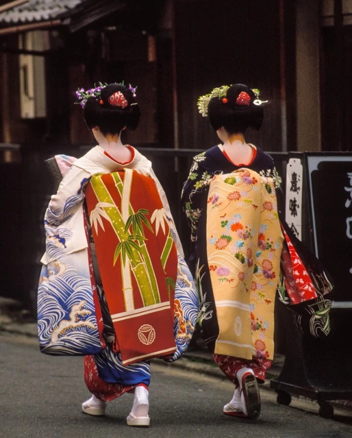 Two women in traditional kimonos walk down a street, showcasing vibrant fabrics and intricate designs with floral hair ornaments.