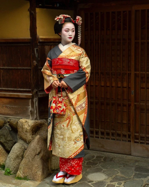 A woman in a traditional Japanese kimono stands gracefully, holding a small purse, her face painted white, with an ornate hairstyle.