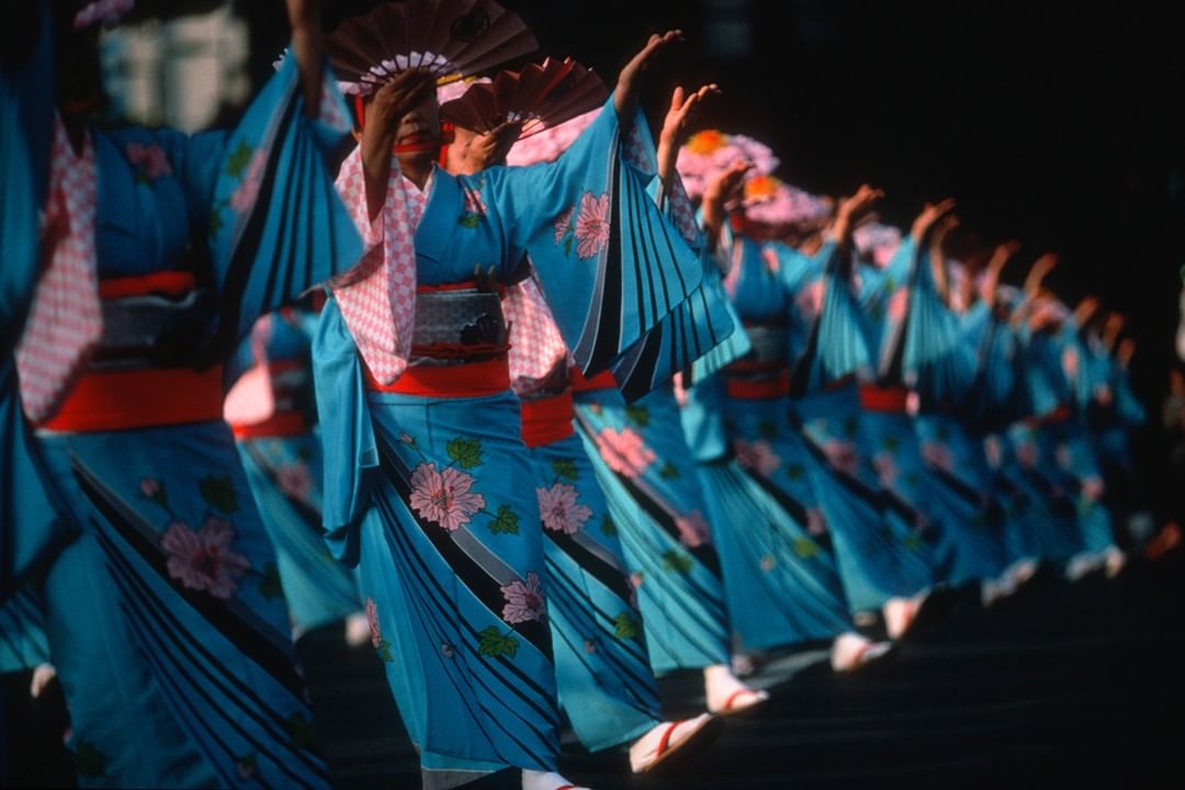 A group of dancers in traditional blue kimonos perform a synchronized dance with fans, creating a vibrant cultural scene in motion.