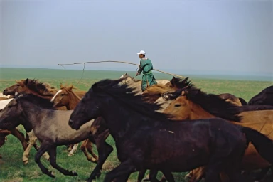 Man riding a horse herding a group of galloping horses across a vast green grassland under an open sky.