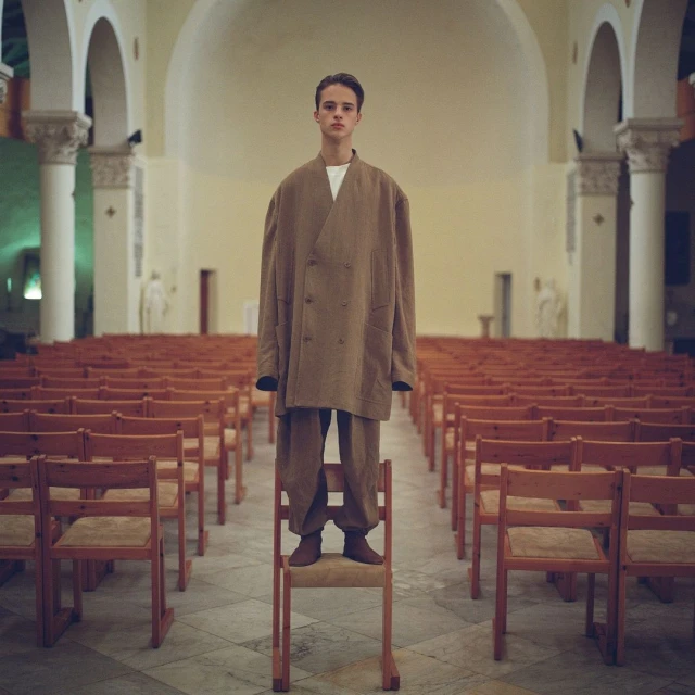 Young adult in an oversized brown suit standing on a chair in a church, looking at camera with rows of empty wooden chairs in the background.
