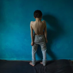 A young boy standing barefoot with his back to the camera against a textured teal blue wall.