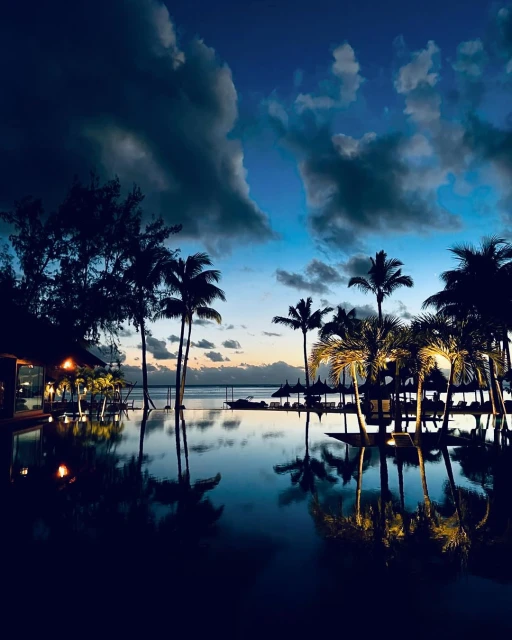 Tropical dusk scene shows calm water reflecting silhouetted palm trees, hotel structure, and a blue and cloudy sky, evoking relaxation.