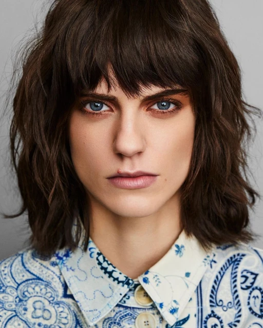 Portrait of a young adult female with brown wavy hair and blue eyes, wearing a patterned blue and white shirt, against a grey background.