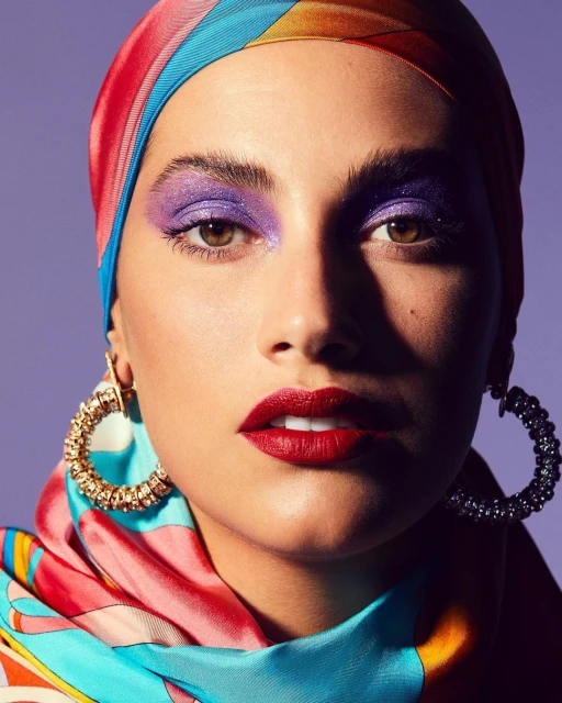 Close-up portrait of a woman with bright purple eyeshadow, red lipstick, and a colourful headscarf against a solid purple backdrop.