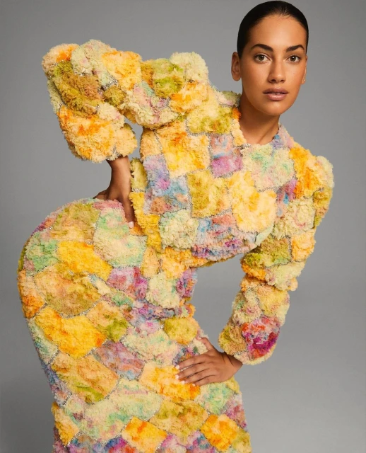 Woman posing in a colorful, textured patchwork dress in a studio. The dress features a short jacket with puffy sleeves and a fitted skirt.