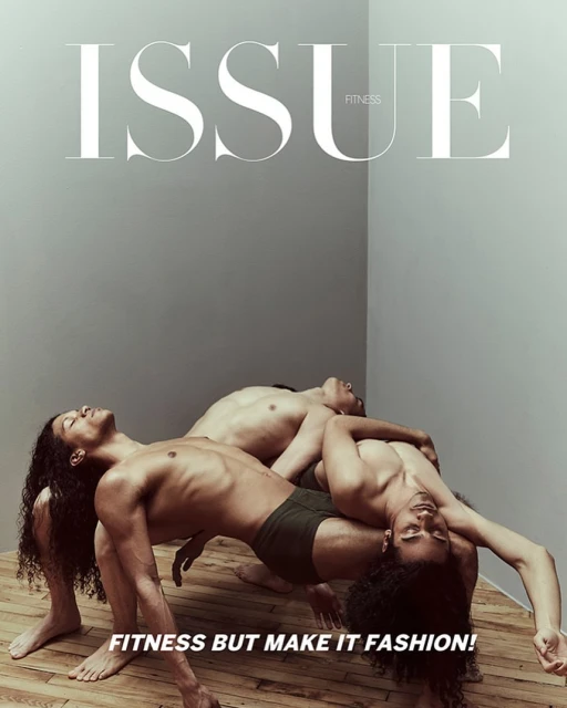 Magazine cover featuring three shirtless adult males in athletic poses, set against a gray wall and wooden floor. The title reads 'ISSUE FITNESS.'