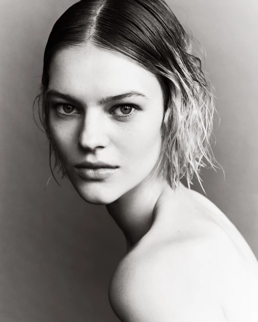 Black and white portrait of a woman with short, slicked-back hair, gazing directly at the camera with a neutral expression and bare shoulders.