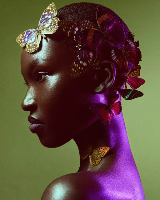 Portrait of a Black woman with short hair adorned with vibrant butterflies in a studio setting, showcasing beauty and artistic styling.