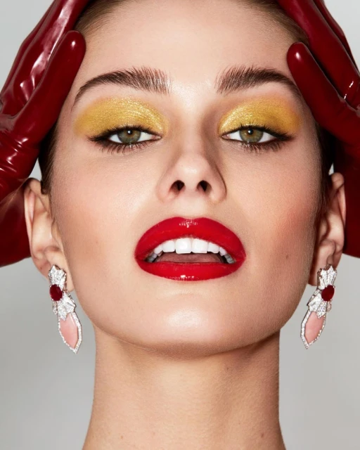 Beauty shot of a woman with red lipstick and gold eyeshadow wearing sculptural earrings and red gloves against a neutral background.