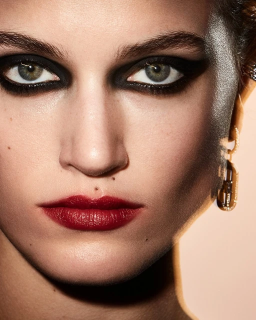 Close-up portrait of a woman with dramatic black eye makeup and dark red lipstick, complemented by gold earrings. Beauty shot.