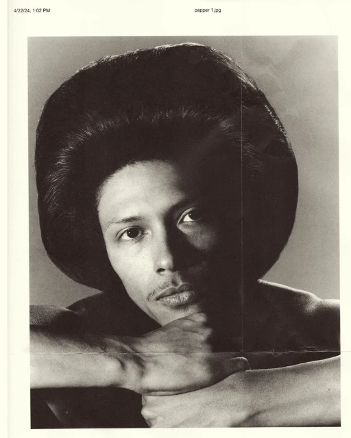 Portrait of adult male with large afro resting arms with direct gaze in monochrome studio shot.