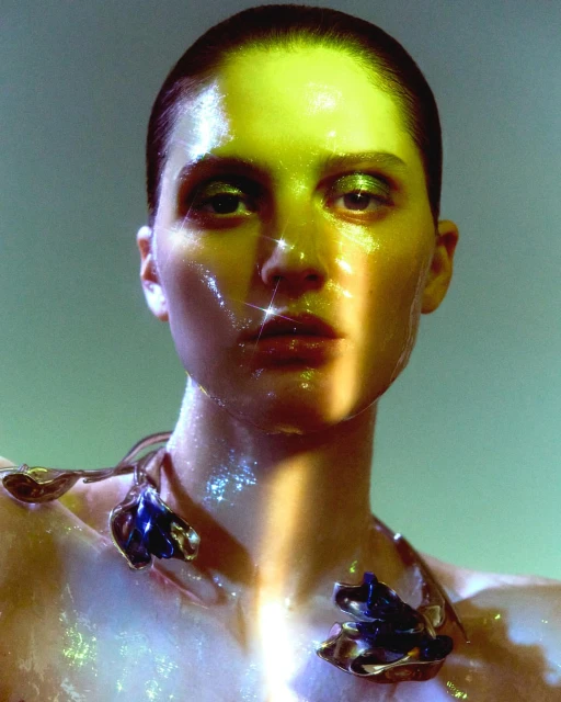 Close-up portrait of a woman with wet skin, shiny eye makeup, and a unique necklace, illuminated by a vertical ray of yellow light.