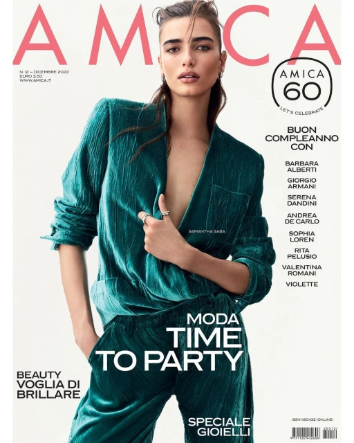 Magazine cover featuring a woman in a teal velvet suit; Amica brand logo at the top and article titles in white and black text.