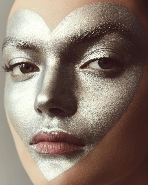 Close-up studio shot of a woman's face with silver face paint in a heart shape, featuring dramatic lighting and a neutral background.