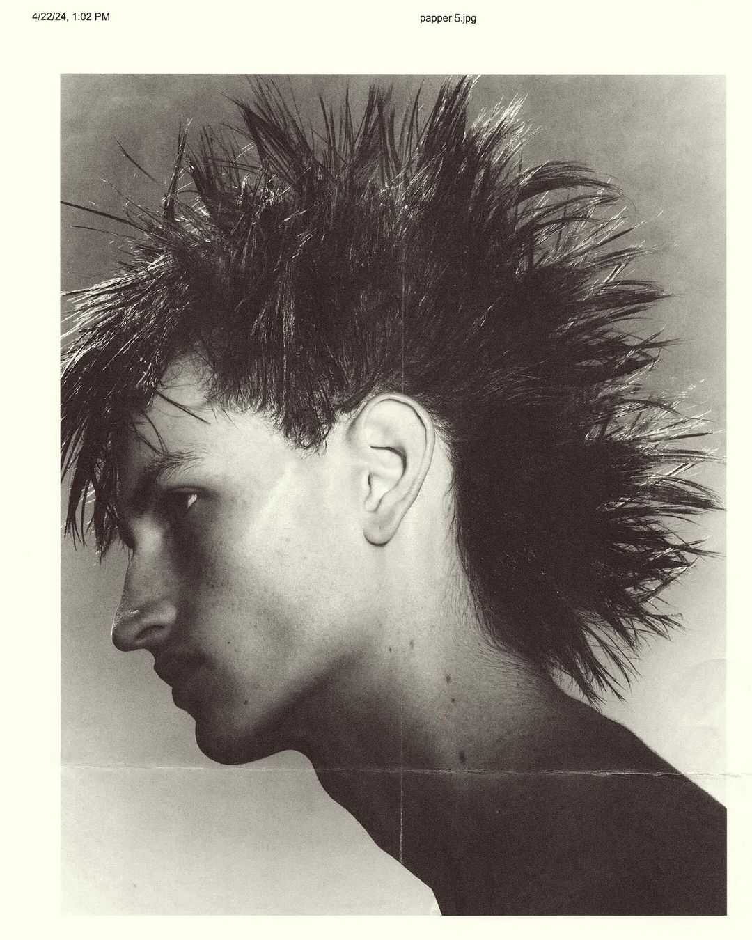 Monochromatic portrait of a young adult with a distinctive mohawk hairstyle, captured in a studio setting with a neutral background.