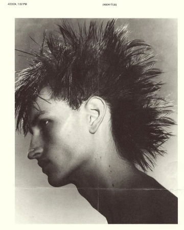 Monochromatic portrait of a young adult with a distinctive mohawk hairstyle, captured in a studio setting with a neutral background.