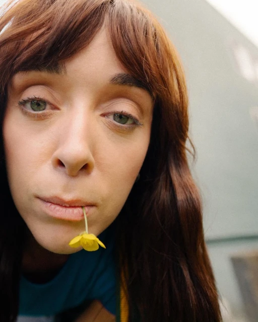 Close-up portrait of a woman with auburn hair, holding a yellow flower in her mouth, set against a simple, muted background.
