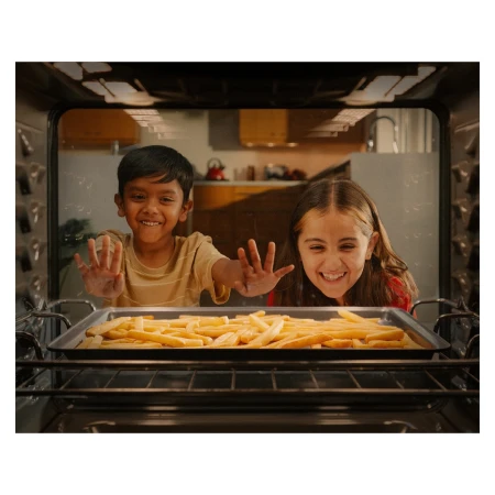 Two smiling children look into an oven filled with french fries on a baking sheet in a brightly lit kitchen, both with hands raised.