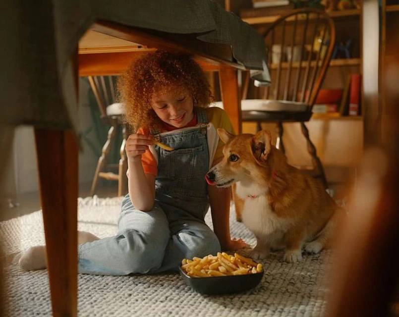 Young girl with curly red hair sits indoors eating french fries with her pet corgi dog on a rug under a table in natural light.