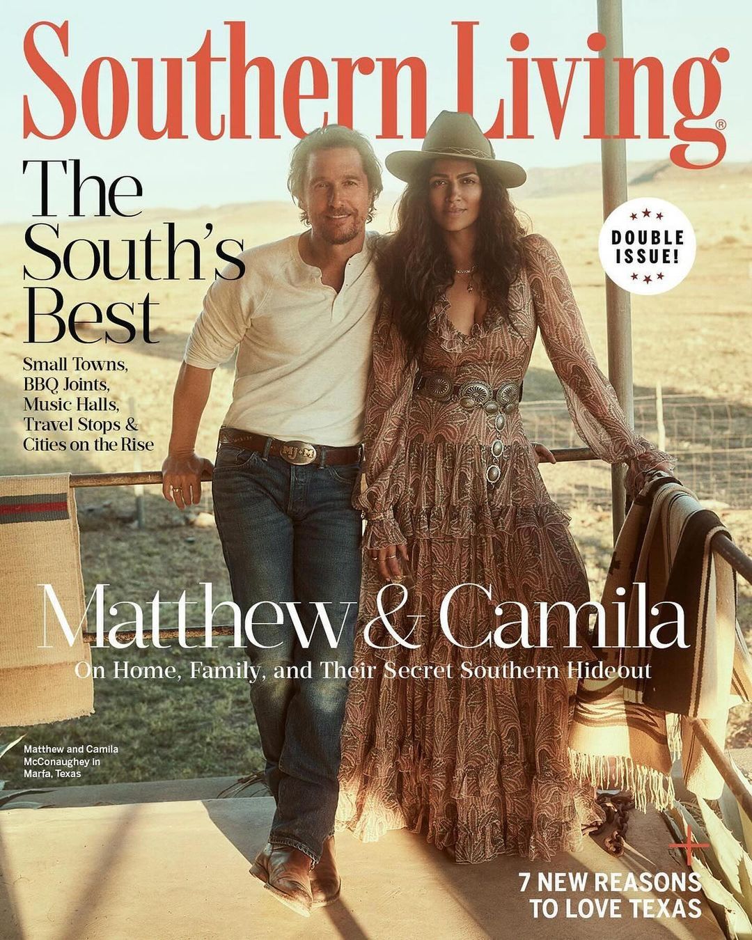 Magazine cover featuring Matthew McConaughey and Camila Alves, promoting Southern Living with a desert-like backdrop, capturing a lifestyle vibe.