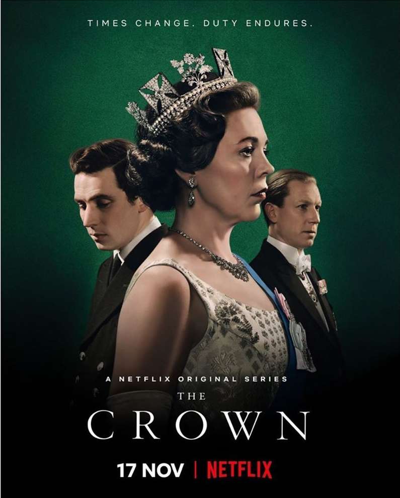 Poster for The Crown, featuring the Queen in profile, a tiara, necklace, and two men in suits against a dark green background.