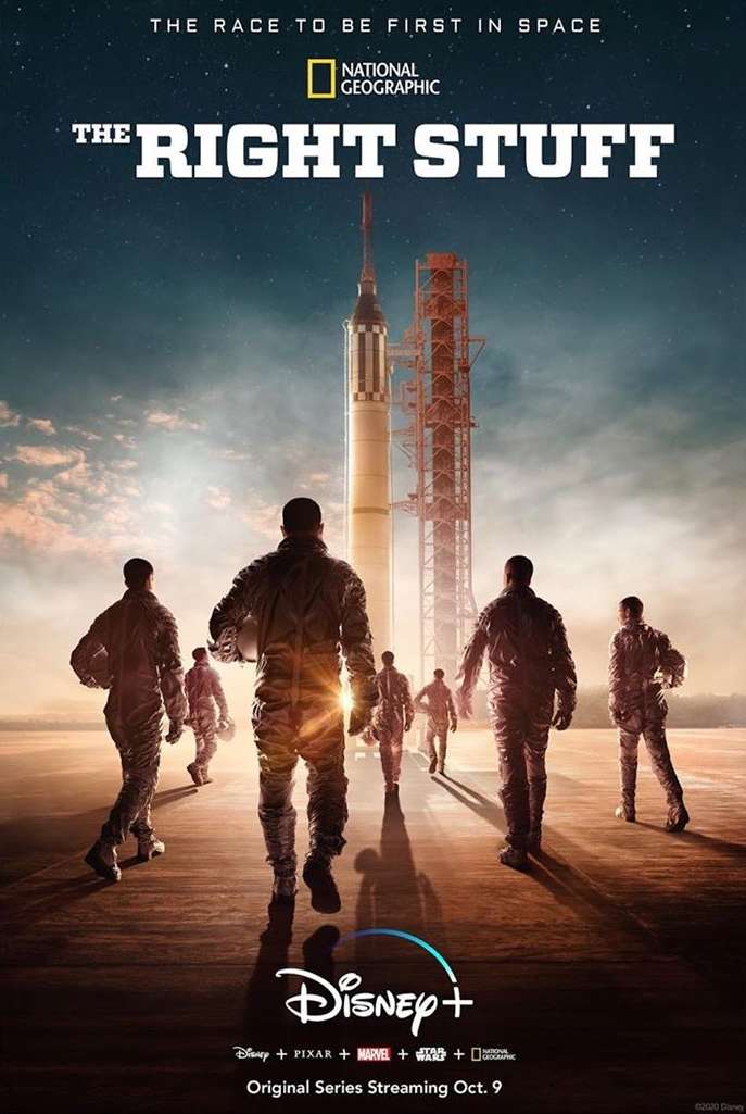 The Right Stuff series poster with a group of astronauts walking towards a rocket on the launchpad under a starry sky background.