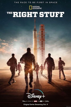 The Right Stuff series poster with a group of astronauts walking towards a rocket on the launchpad under a starry sky background.