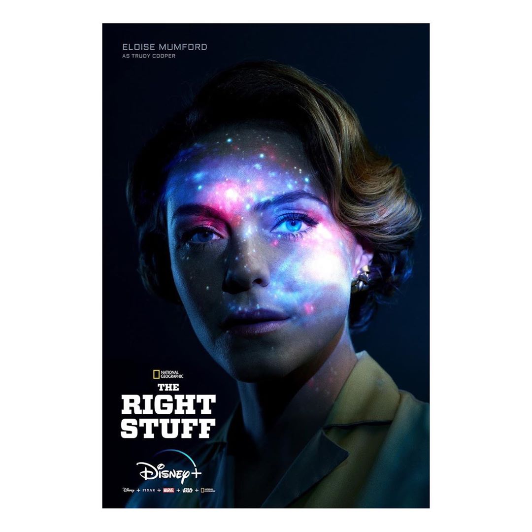 A portrait of Eloise Mumford as Trudy Cooper from "The Right Stuff" with celestial galaxy effects, enhancing its science-fiction mood.