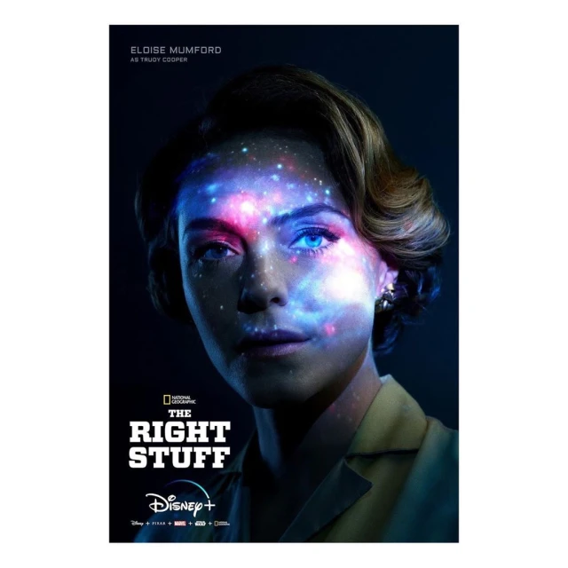 A portrait of Eloise Mumford as Trudy Cooper from "The Right Stuff" with celestial galaxy effects, enhancing its science-fiction mood.
